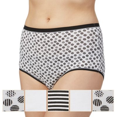 Pack of five white and black plain and printed full briefs